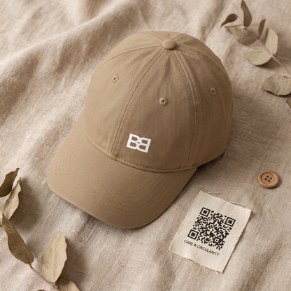Brownbag Hat flat lay with QR care label