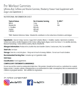 60 - Pre-Workout Gummies - Blueberry Flavoured